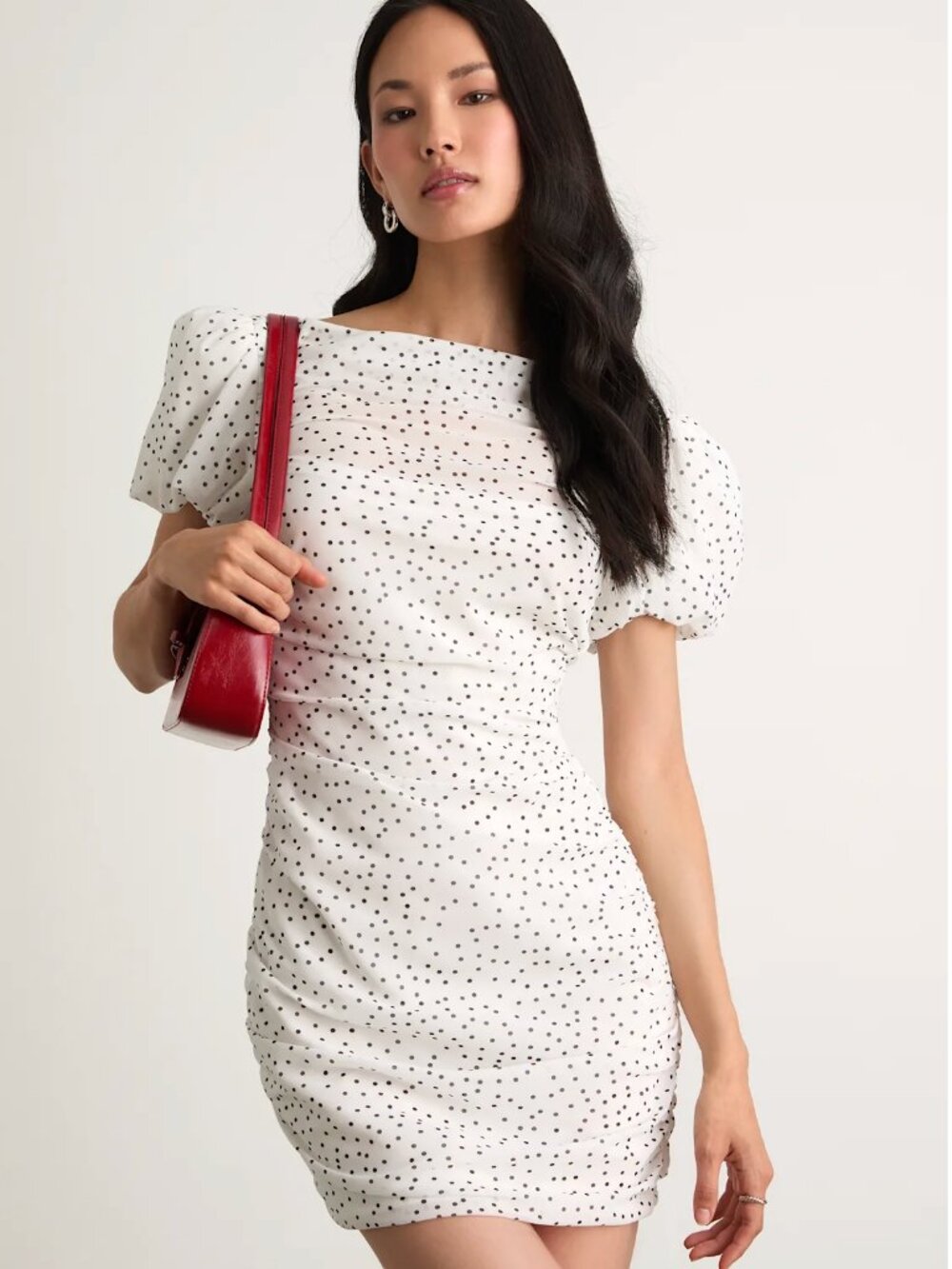 Lulus Claritza White Polka Dot Ruched Puff Sleeve Mini Dresses - Size XS